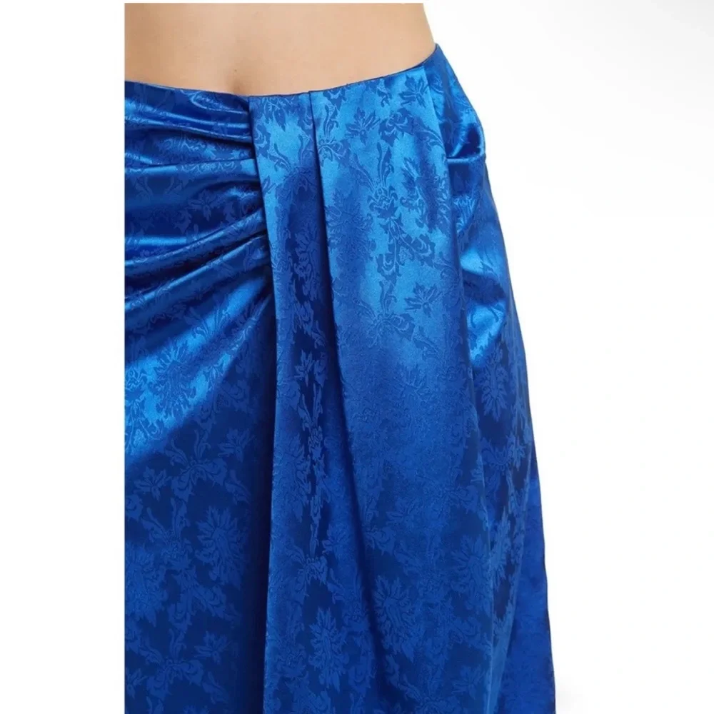 RONNY KOBO Miranda Royal Blue Draped Damask Print Jacquard Skirt